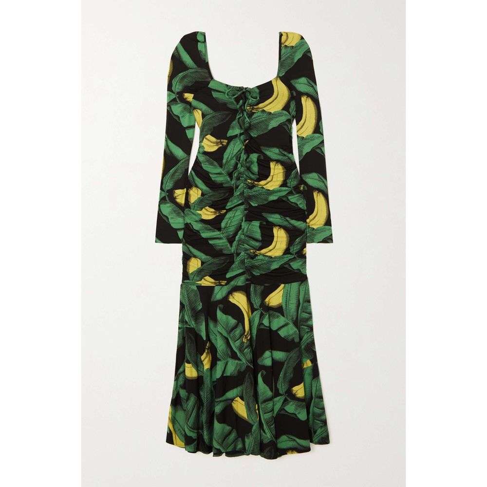 GANNI Banana Print Ruched Midi-Dress